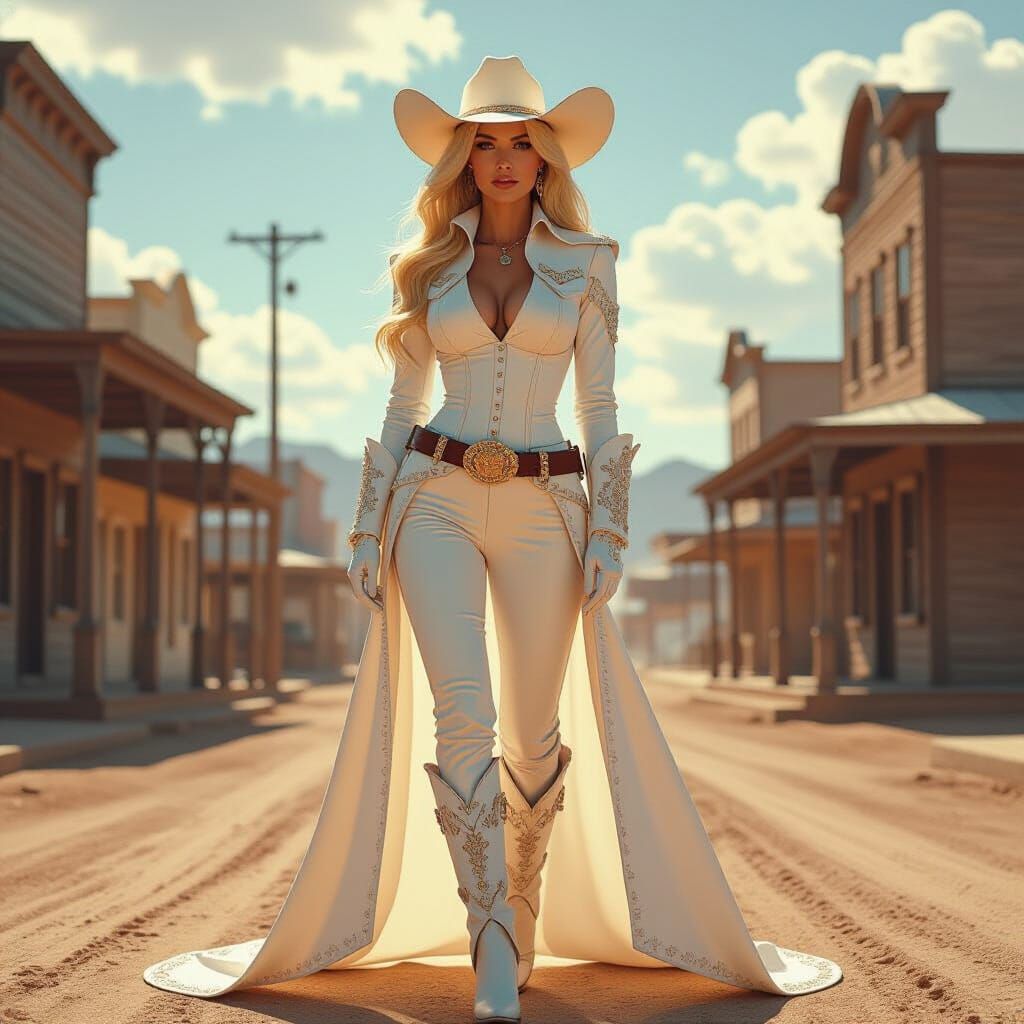 Glamorous Blonde Cowgirl in Sun-Drenched Western Town