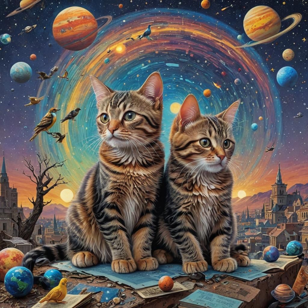Mystical Sky: A Storybook Illustration of Cat and Kitten
