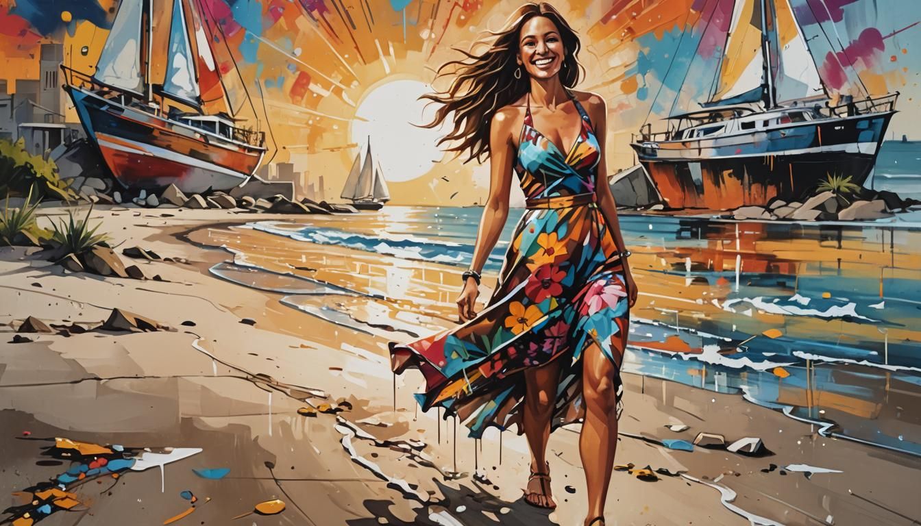 Smiling Woman on Beach in Vibrant Street Art