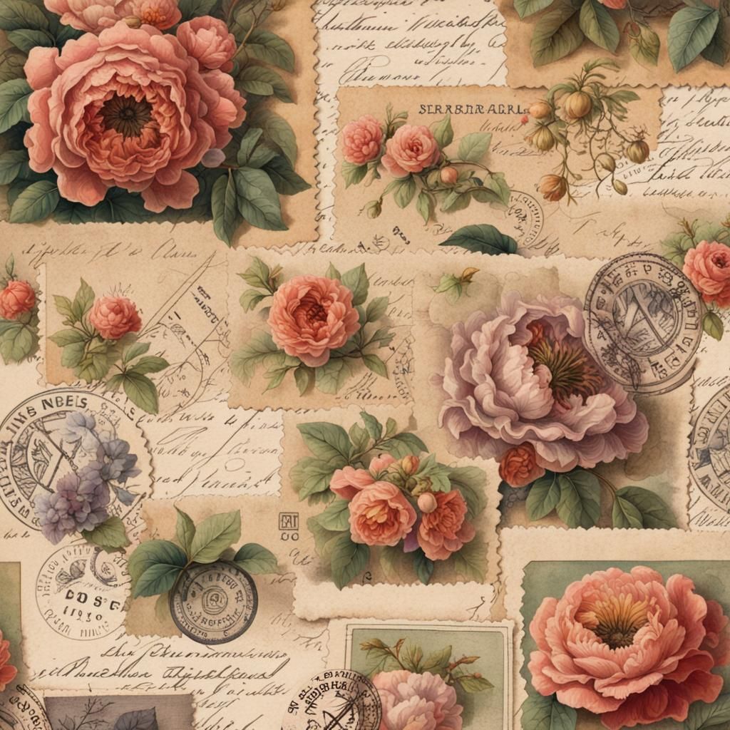 Vintage Floral Postage Stamp Ephemera on Paper