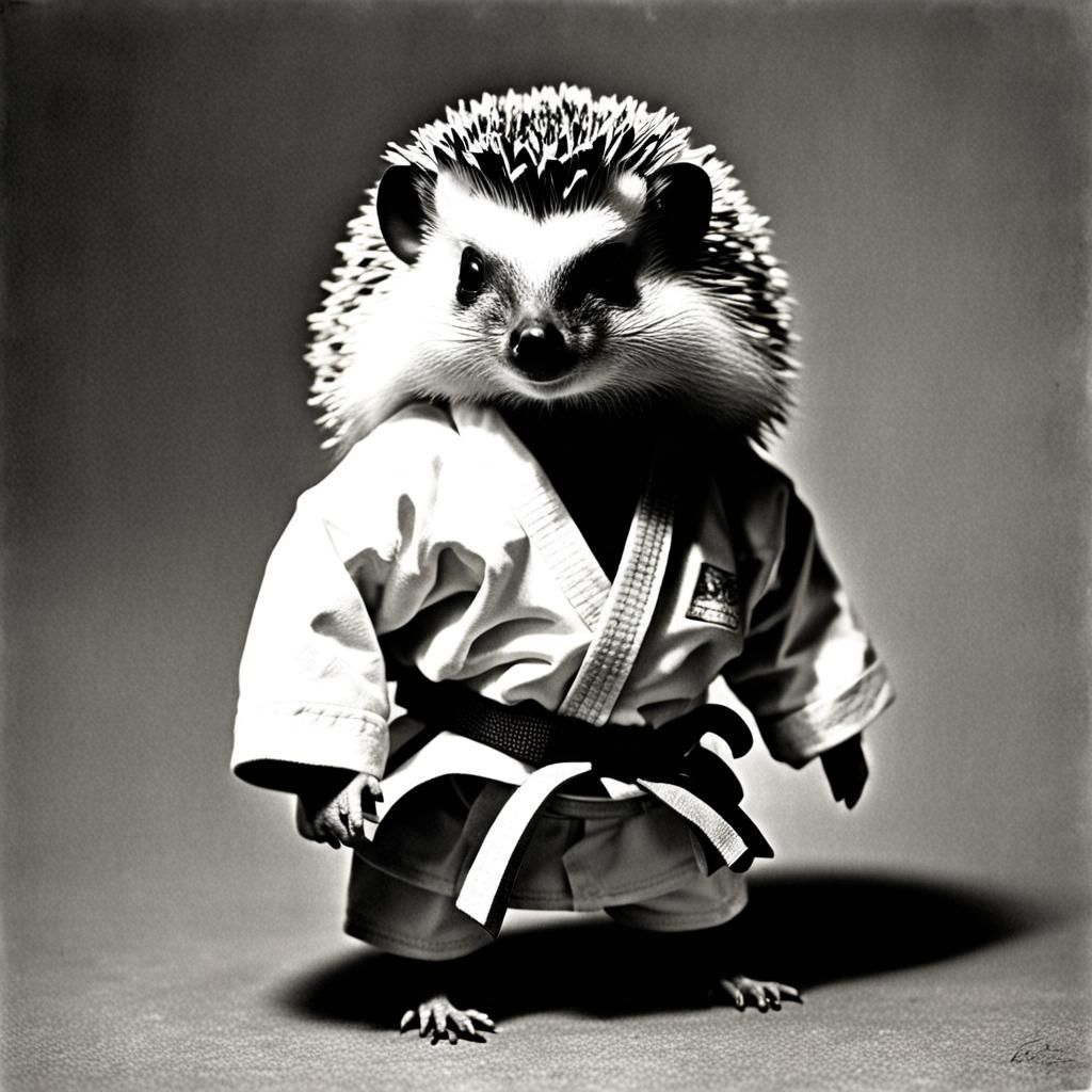 Hedgehog in Karate Clothes: Realistic Black and White Photo