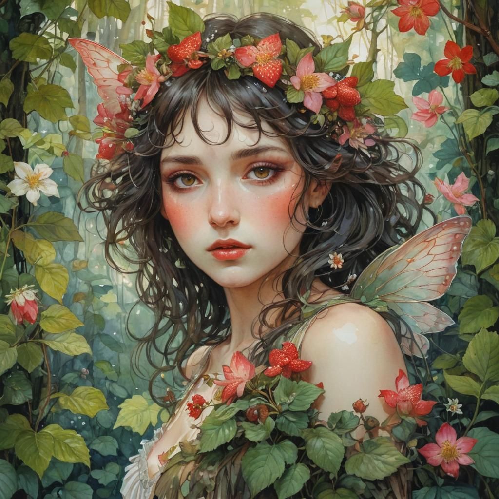 Fragaria Vesca Fairy in Watercolor Art Nouveau Style