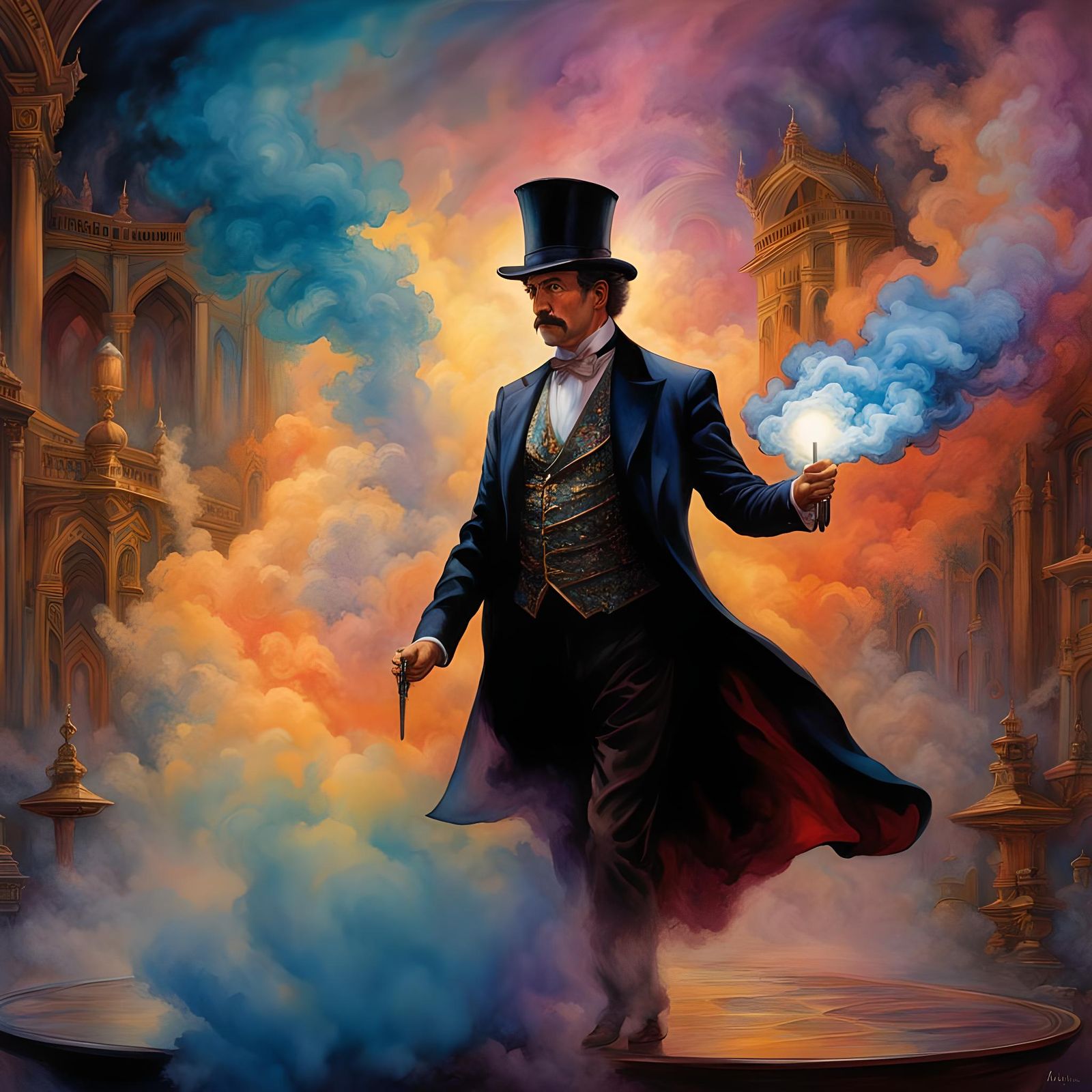 Magician Disappears in Cloud of Smoke as Watercolor