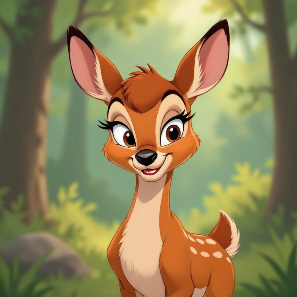 Sarcastic Cartoon Doe with One Ear Up in Animation Style