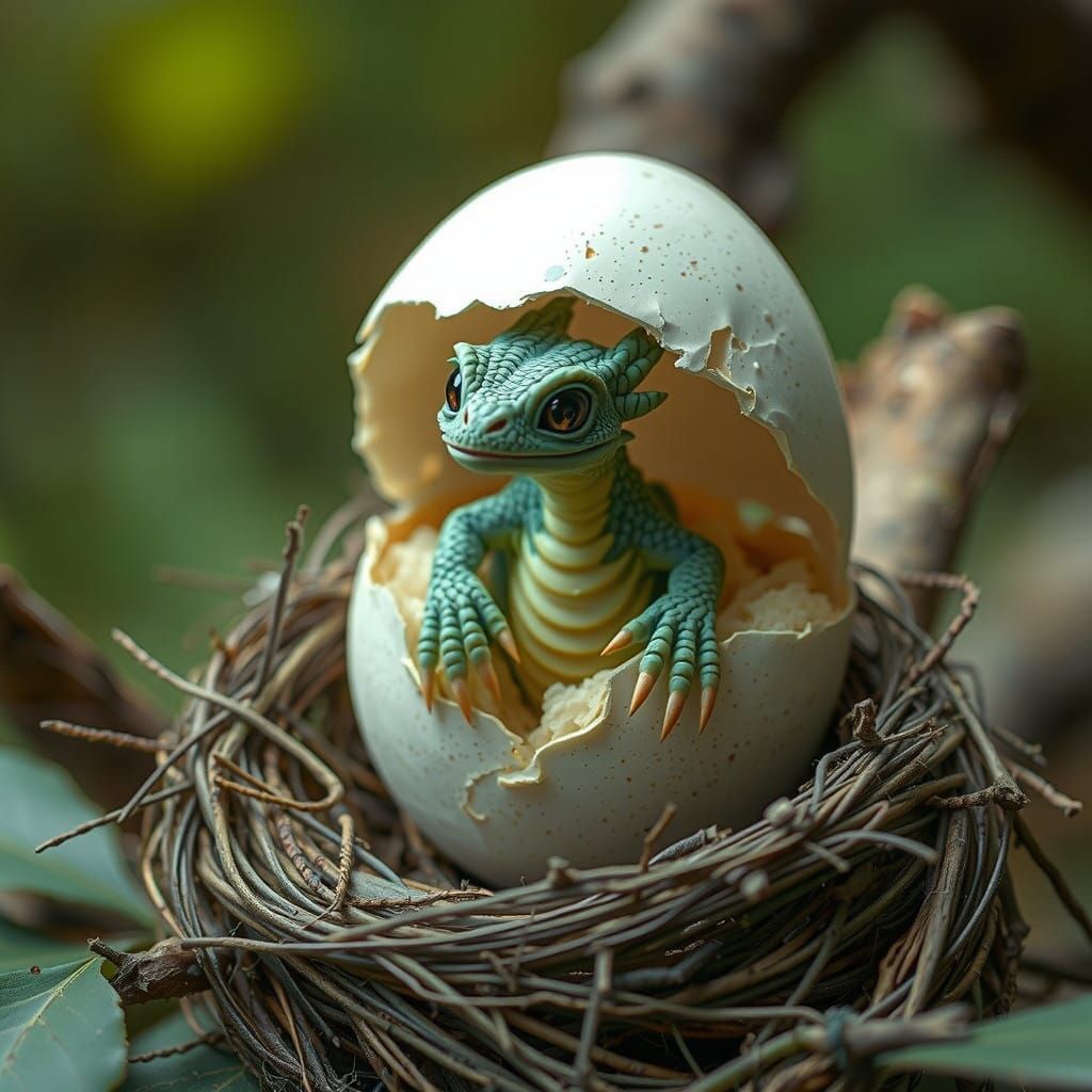 Slate Blue Baby Dragon Emerges from Egg in Whimsical Wildlif...