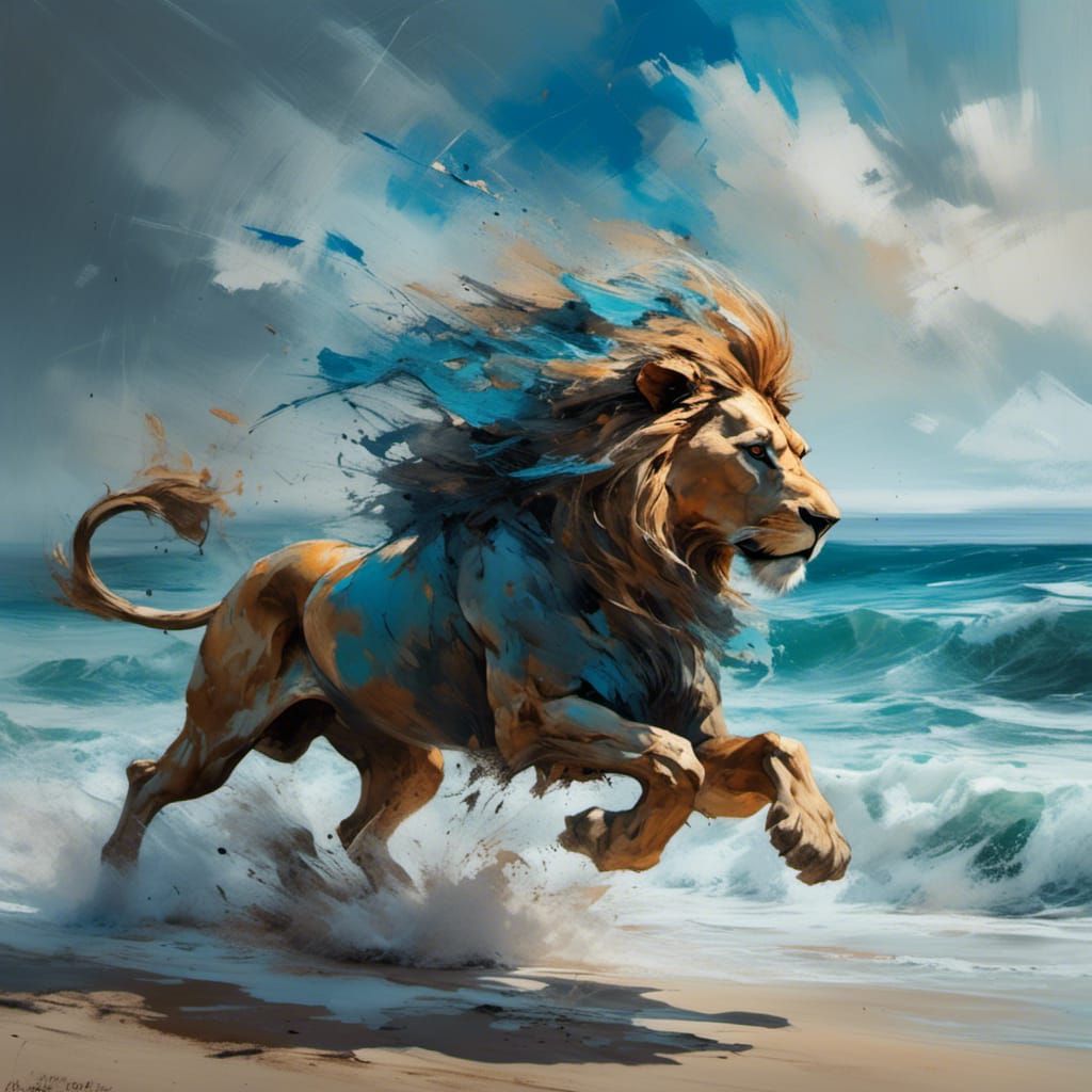 Lion's Beach Run: Watercolor Magic Realism