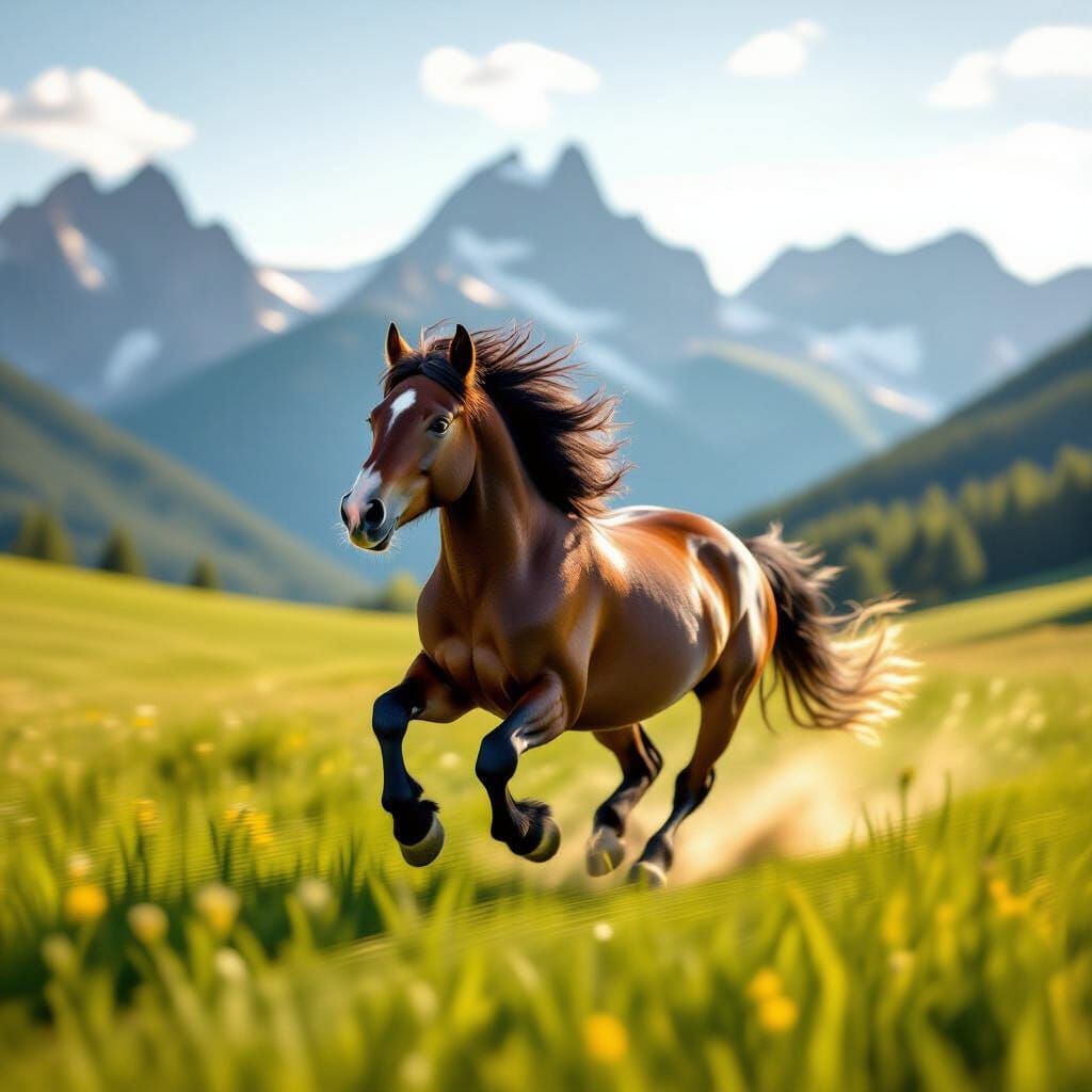 Majestic Pony Galloping in Vibrant Meadow