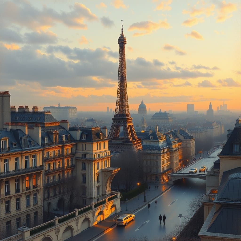 Elegant Parisian Cityscape at Dusk in Impressionist Style