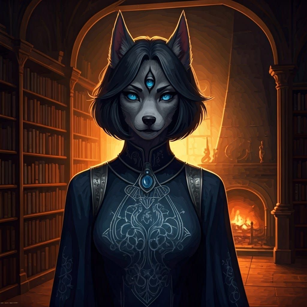 Manga-Inspired Female Monster Dog in Dark Library