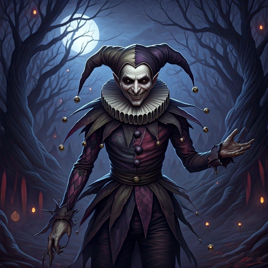 Macabre Jester in Moonlit Carnival, Dark Fantasy Art