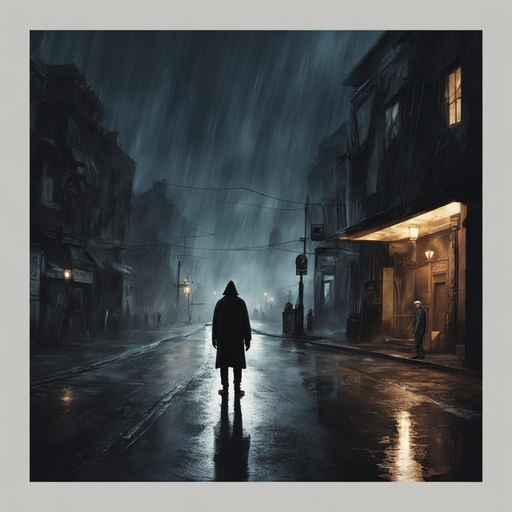 Dark Fantasy City Street in Dramatic Lightning Storm