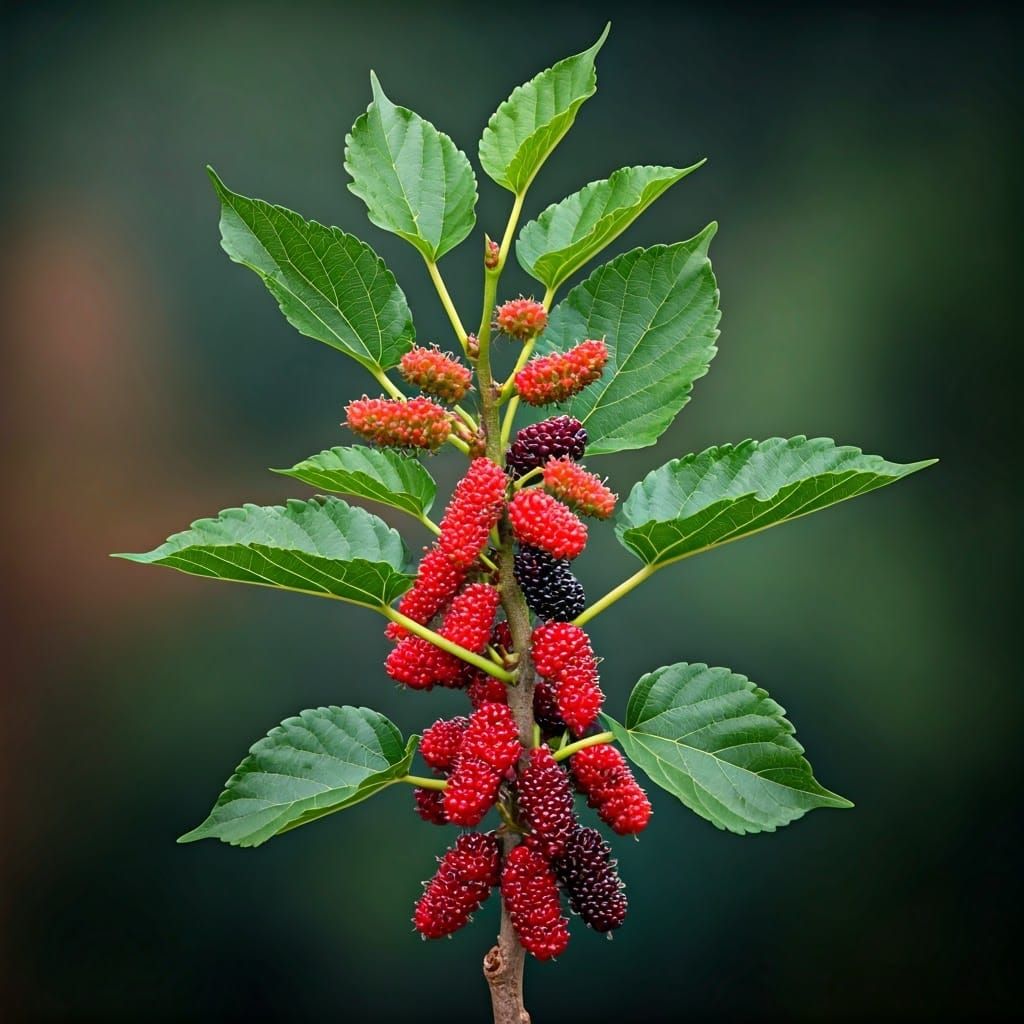 Lush Mulberry Plant with Ripening Fruit, Botanical Realism