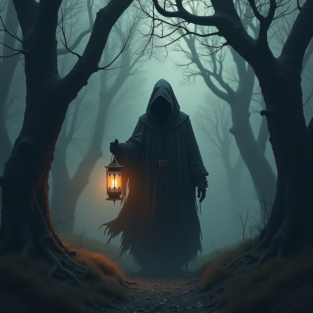 Grim Reaper in Mystical Forest, Fantasy Concept Art