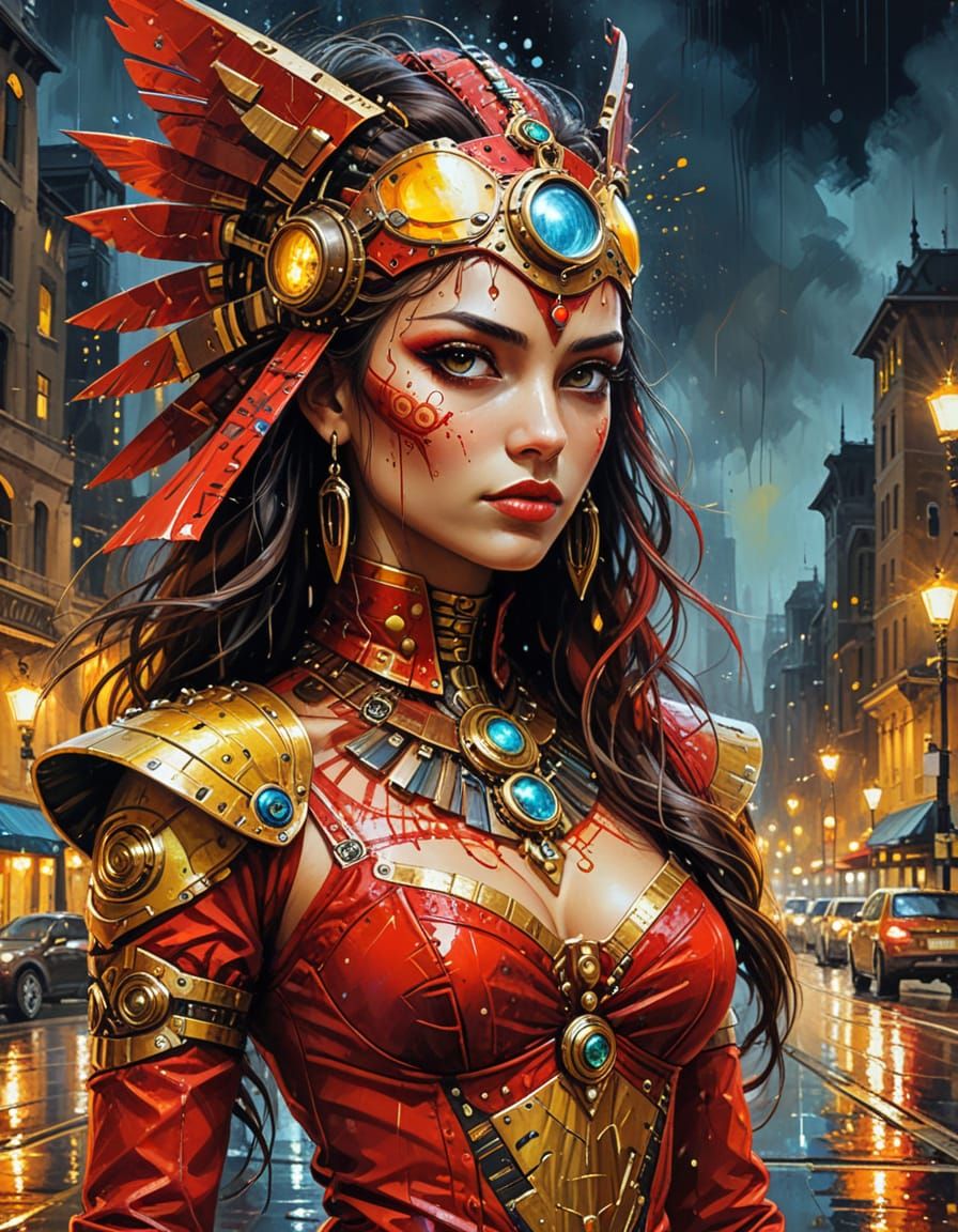 Steampunk Tutankhamun in Red Dress, Oil on Canvas