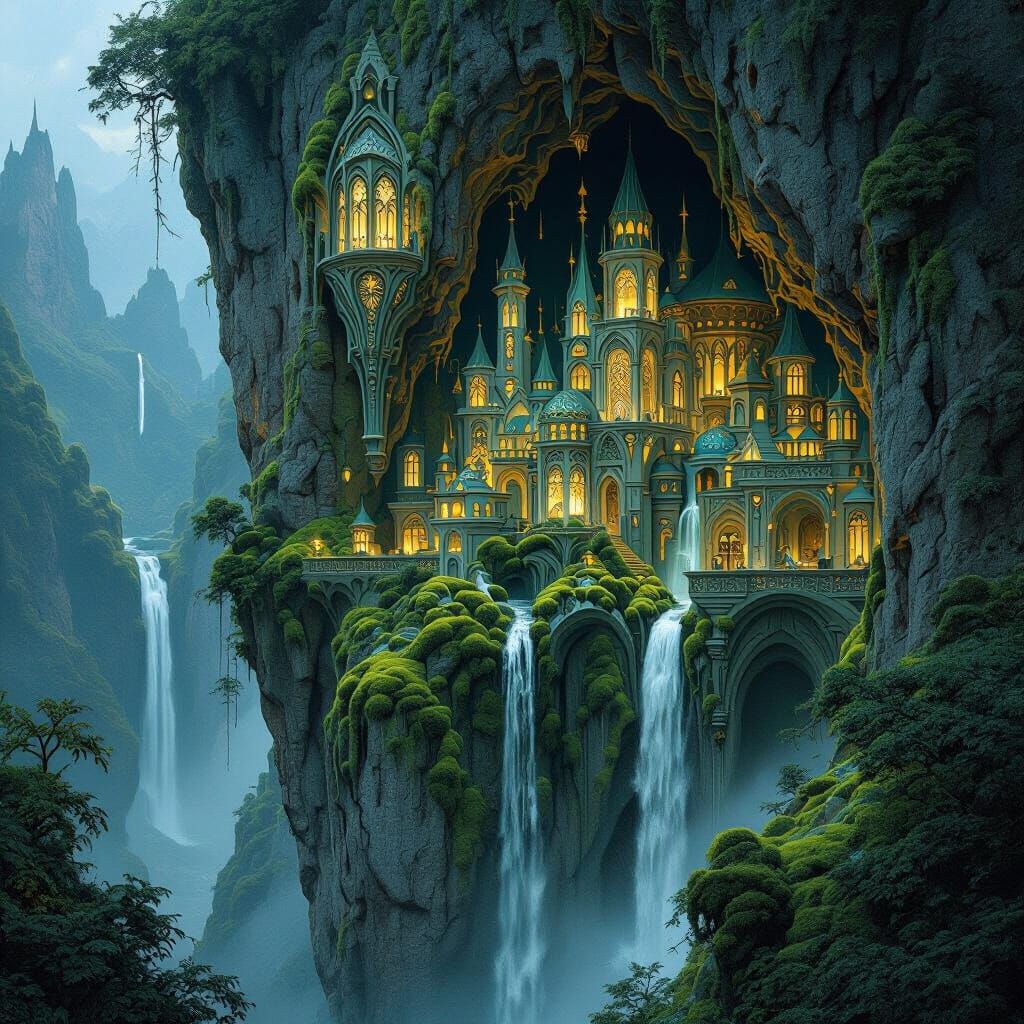 Elven Cityscape: A Matte Painting in Art Deco Style