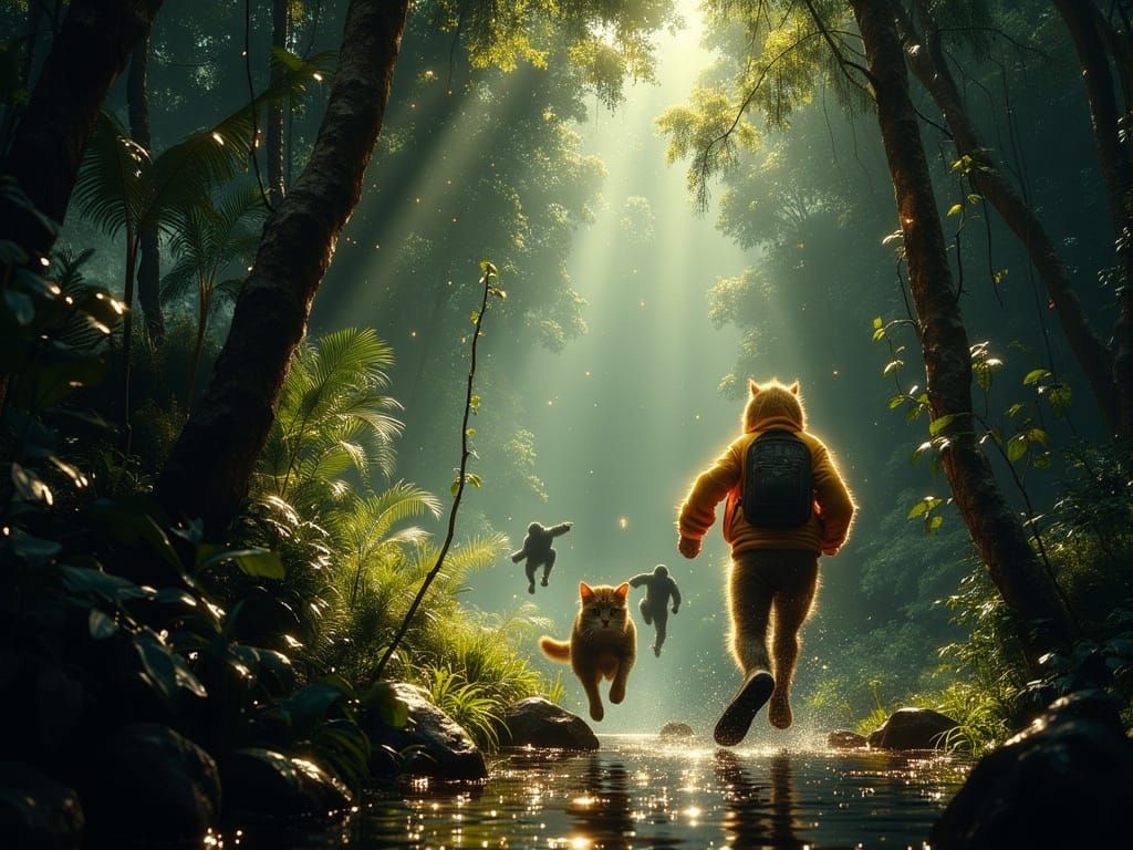 Jungle Chase Scene with Animals in Dramatic Lighting