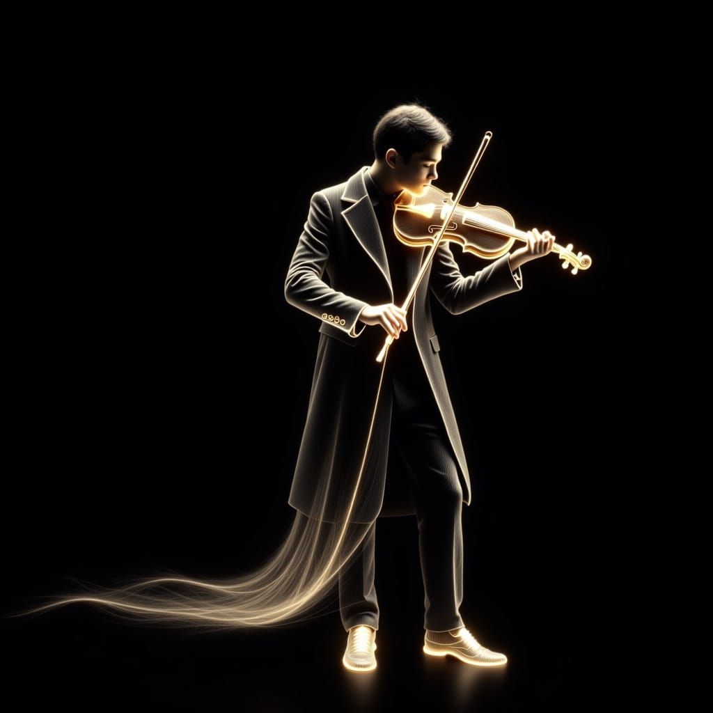Elegant Violinist as Light Drawing on Black