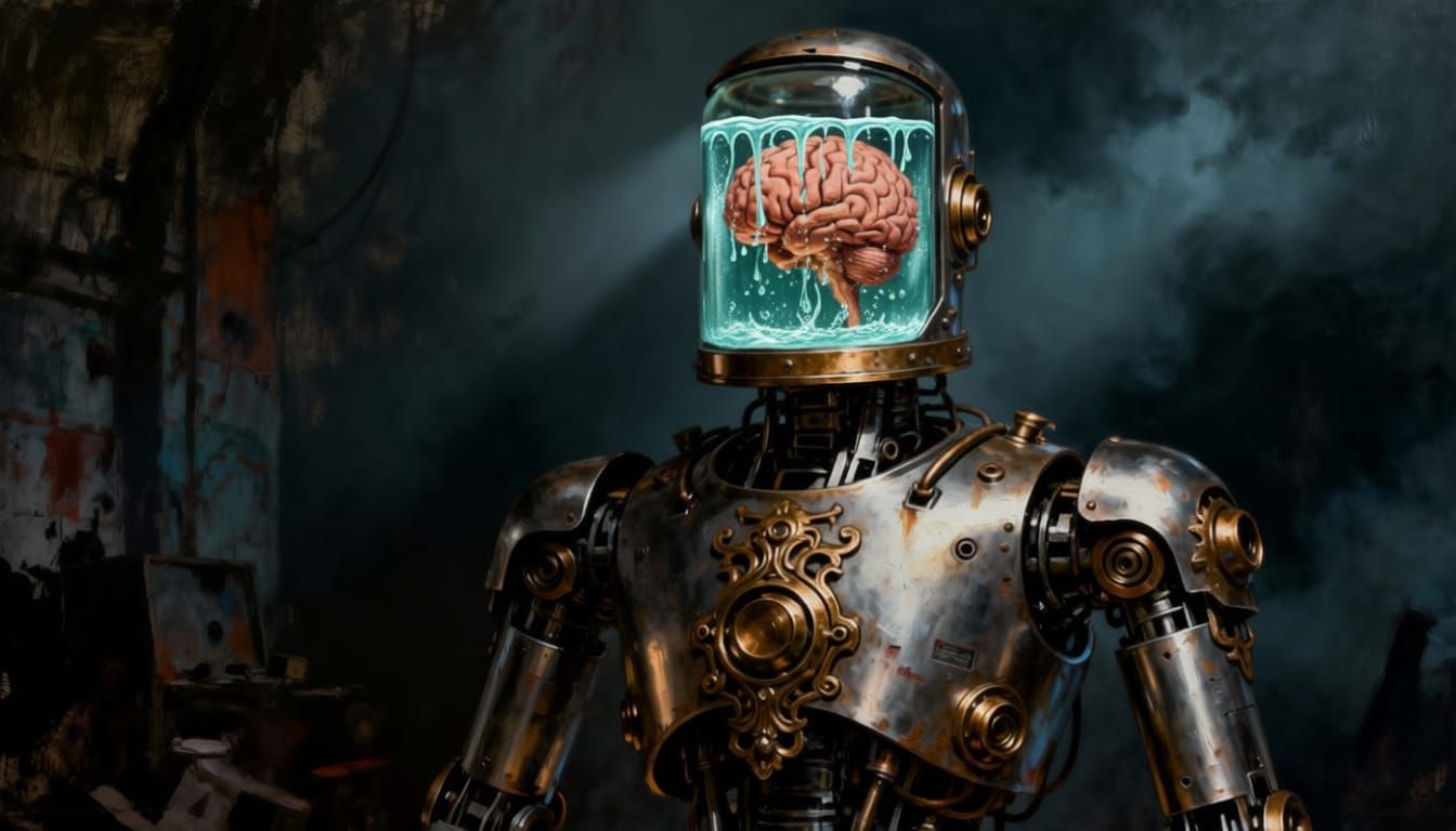Brushed Steel Robot With Human Brain, Oil Paint Style