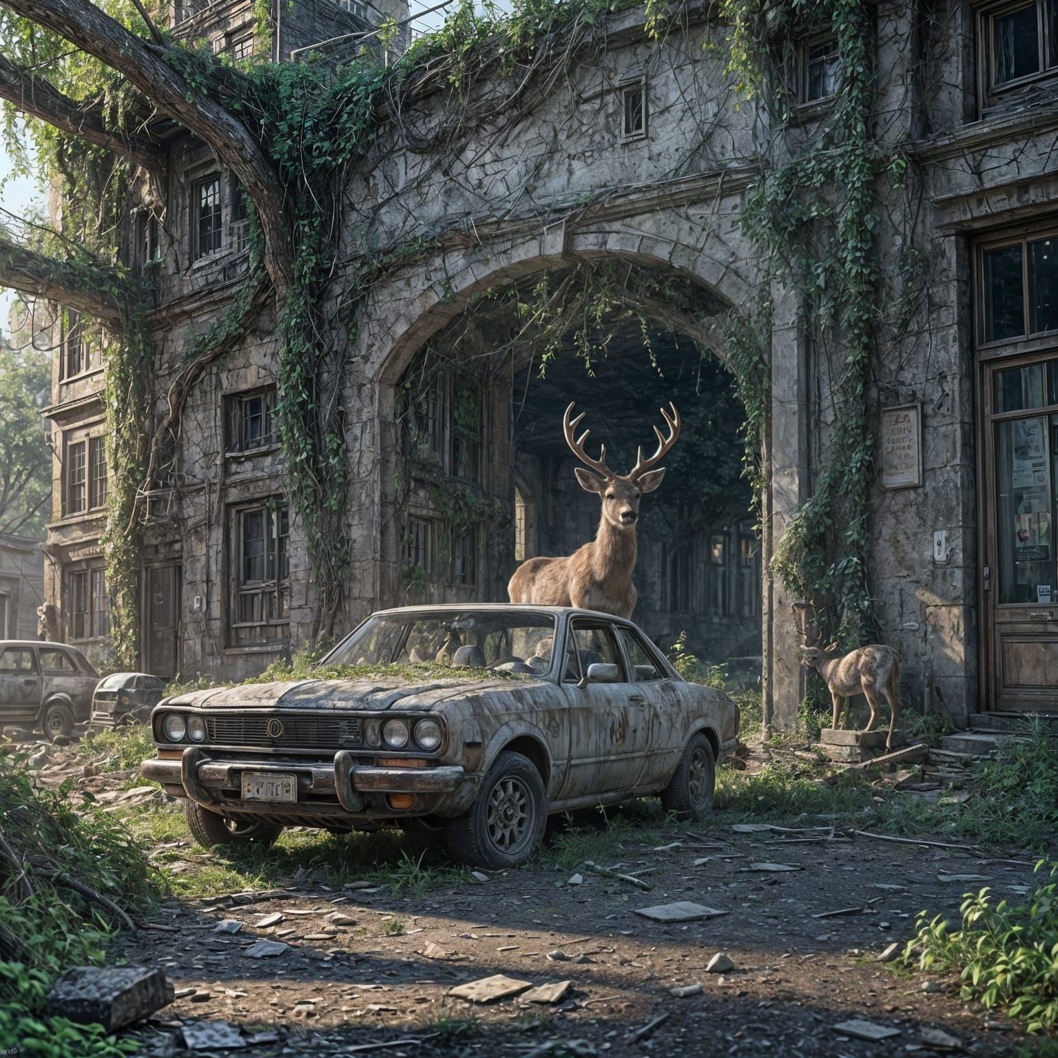 Glowing Deer in Post-Apocalyptic Cityscape