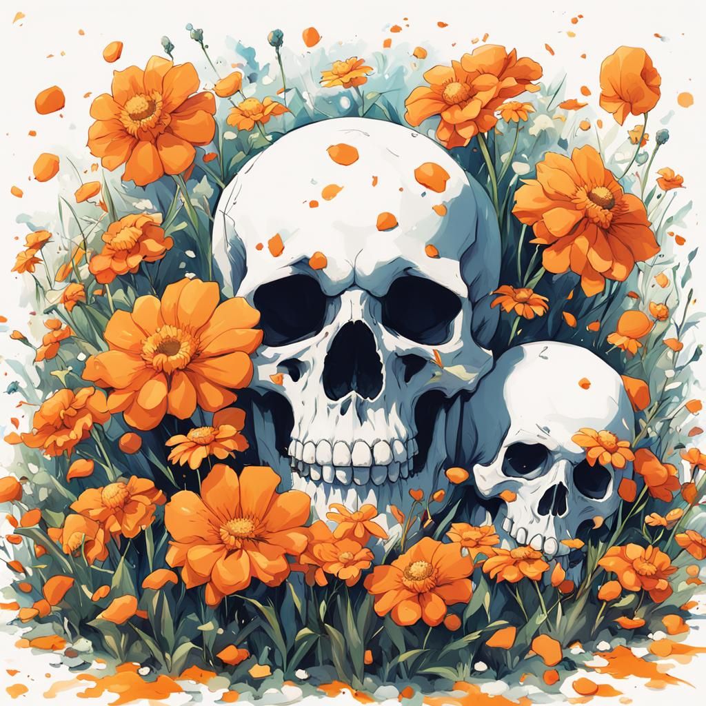 Orange Flower and Skull Meadow in Anime Style