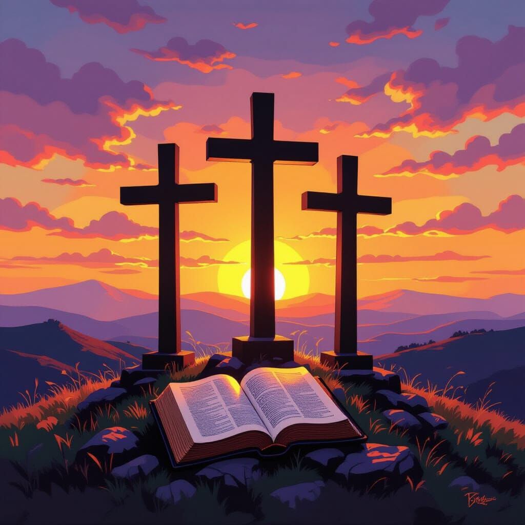 Sunrise Stained Glass: Crosses and Open Bible