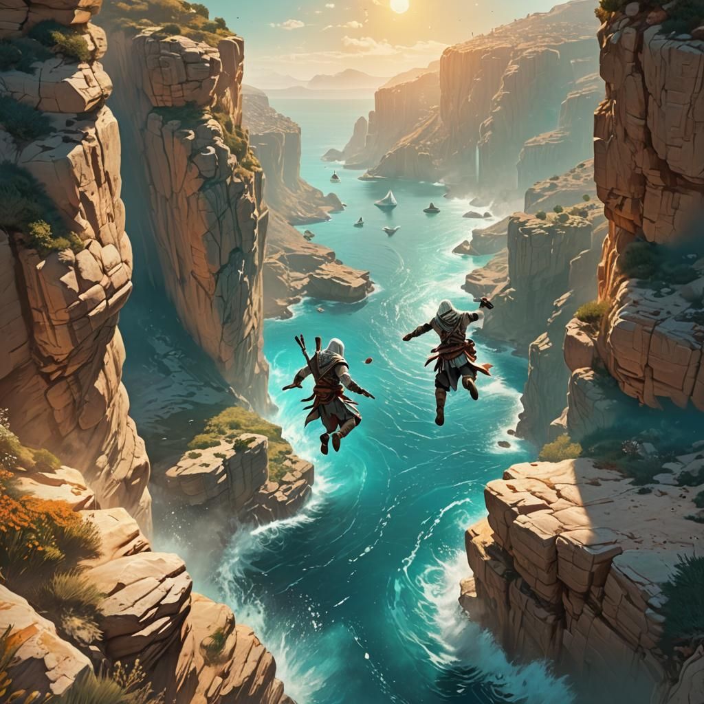Assassin's Creed Cliff Jump: Vibrant Digital Art