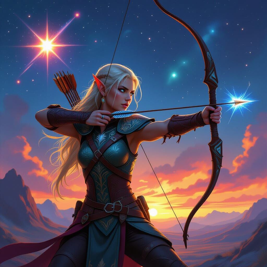 Elven Archer with Cosmic Arrow, Fantasy Concept Art
