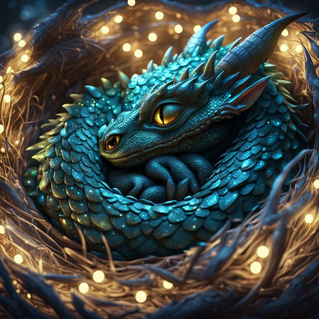 A baby dragon curled up and sleeping in a cozy nest, with sp...