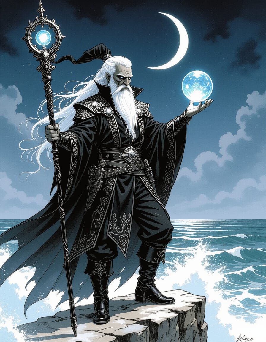 Wizard on Cliff Edge in Pen and Ink Style