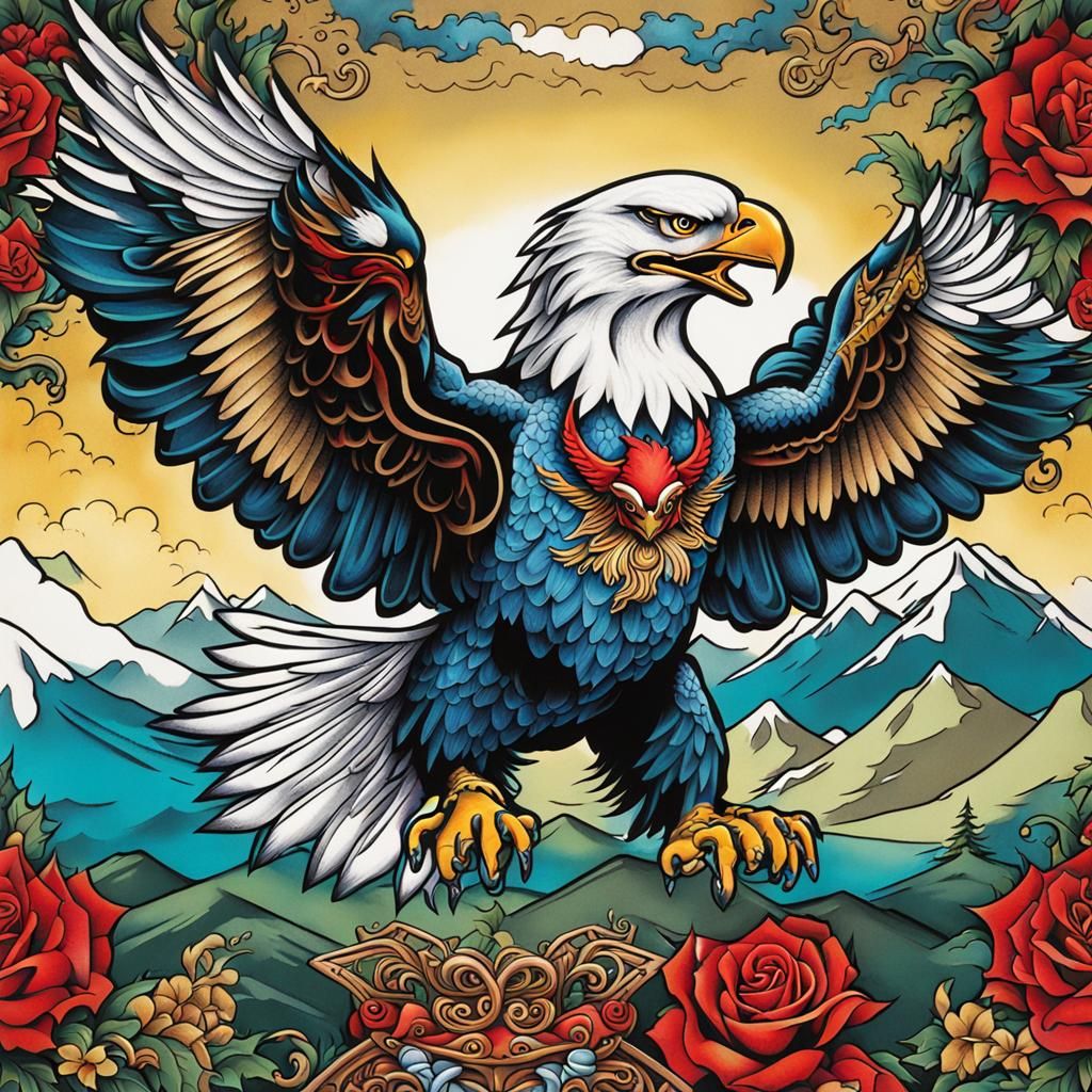 Eagle Soaring Over Tattoo Mountain Peaks