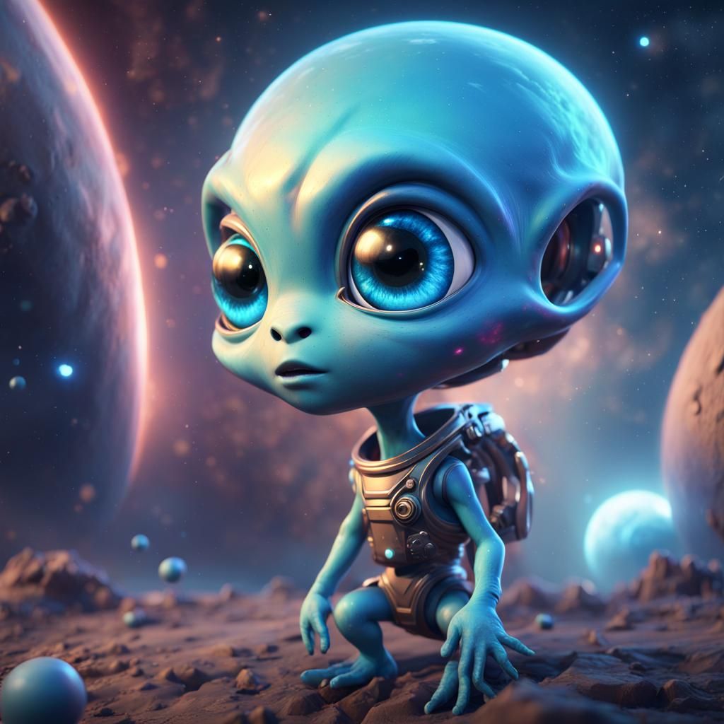 Cute Blue Alien in Galaxy, Chibi Style