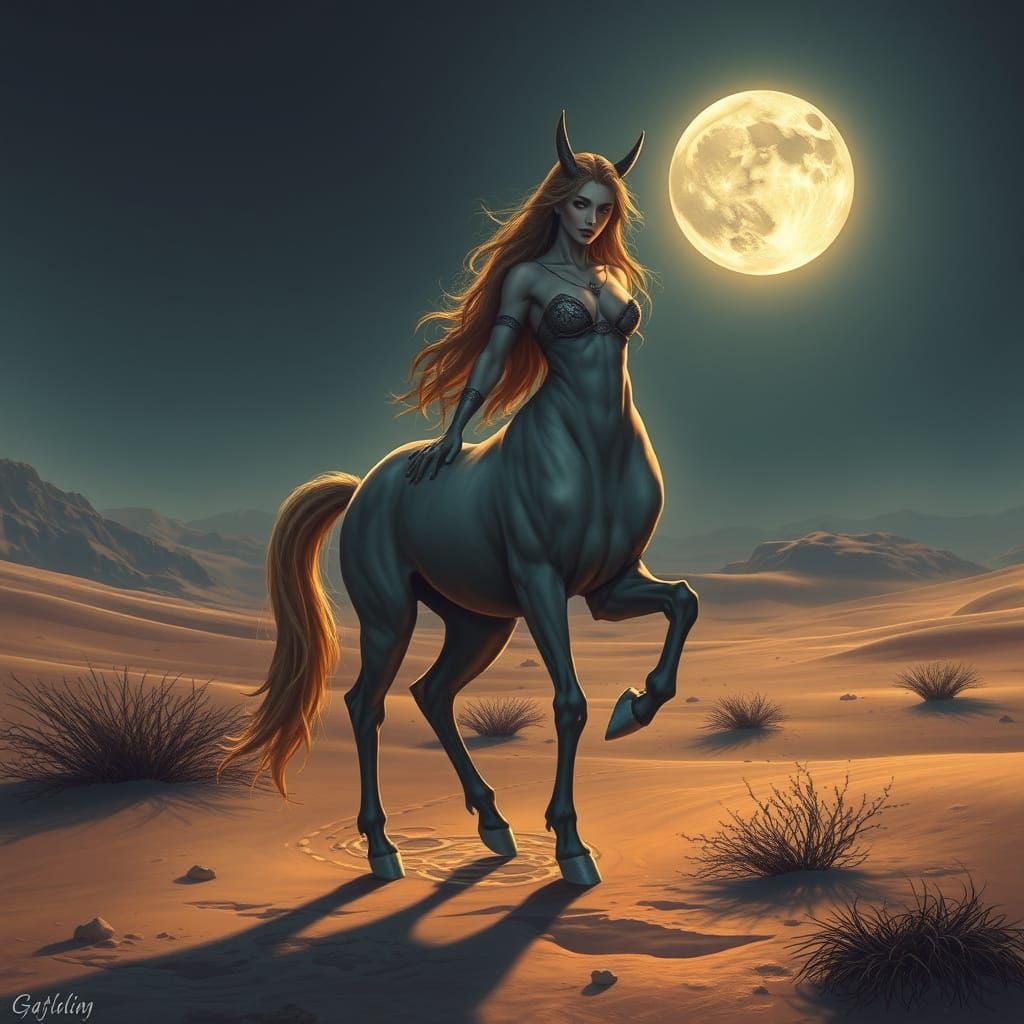 Female Centaur in Magical Desert Under Full Moon
