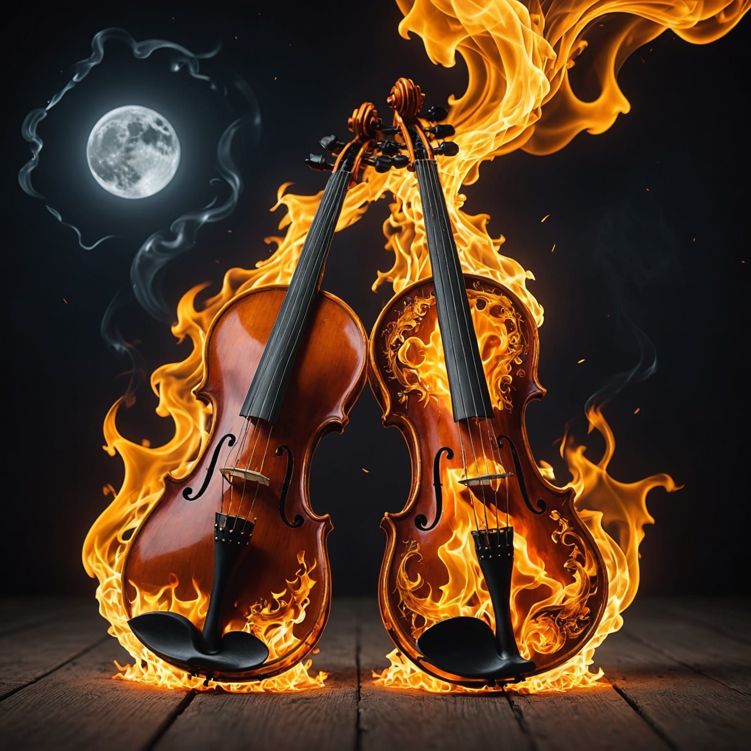 Surreal Dance of Flame Violins under Moonlit Wind