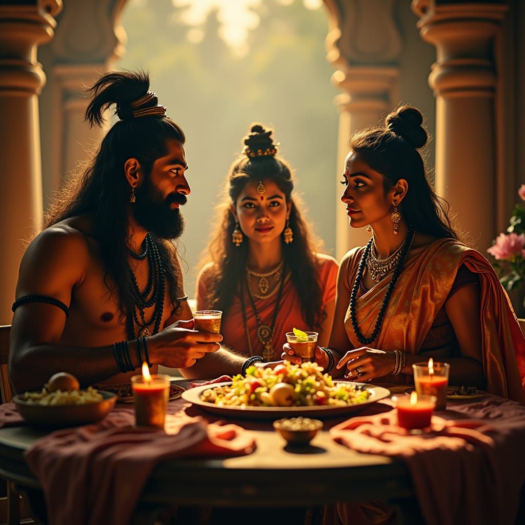 Shiv, Parvati, and Ganapati Share a Meal
