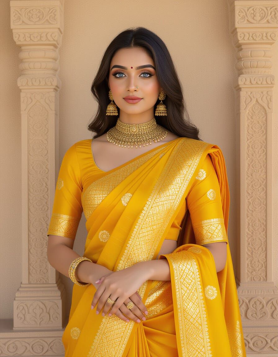 Indian Bride in Silk Saree by Temple Wall, Hyperrealism