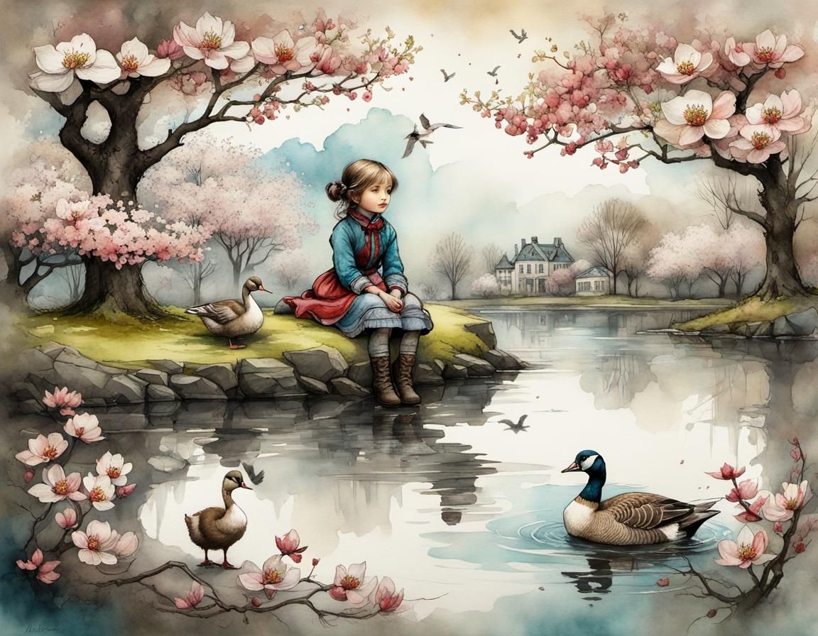 Girl and Goose Under Dogwood: Ink and Watercolor