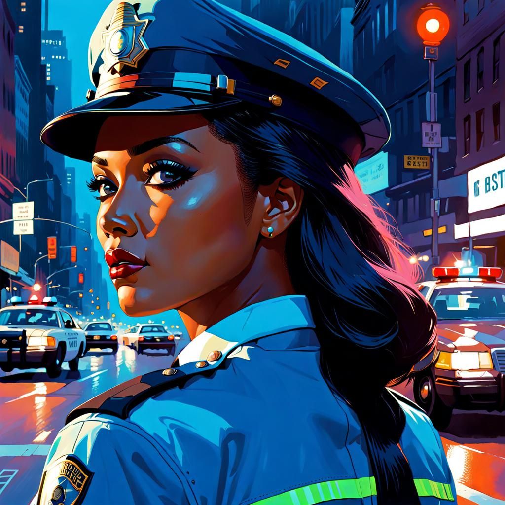 Dreamy Traffic Policewoman: Color Illustration in Fine Art S...