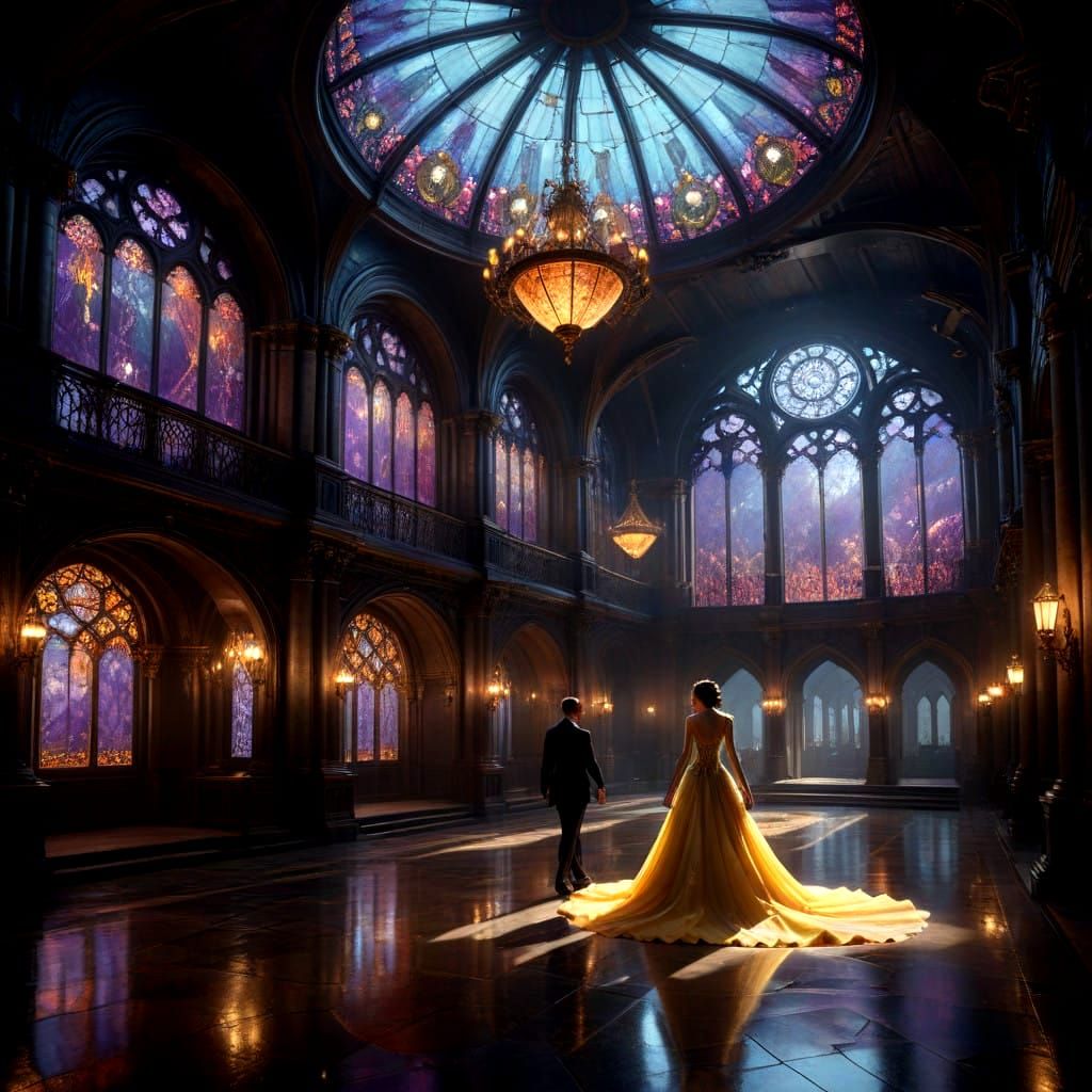 Ethereal Waltz in a Grand Rotunda with Vibrant Stained Glass