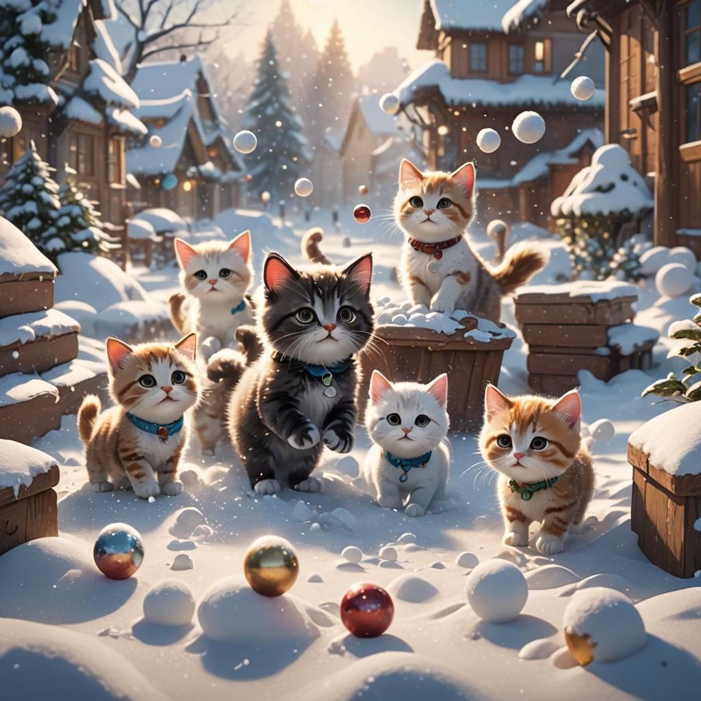 Chibi Kittens Throwing Snowballs: Pixar-Style Winter Scene