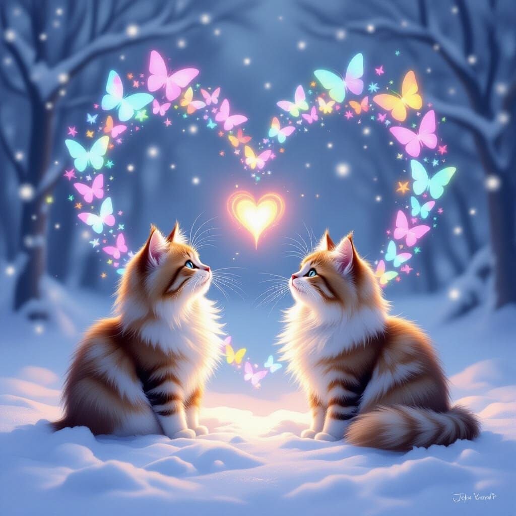 Fluffy Cat Watches Magical Butterflies Form Heart