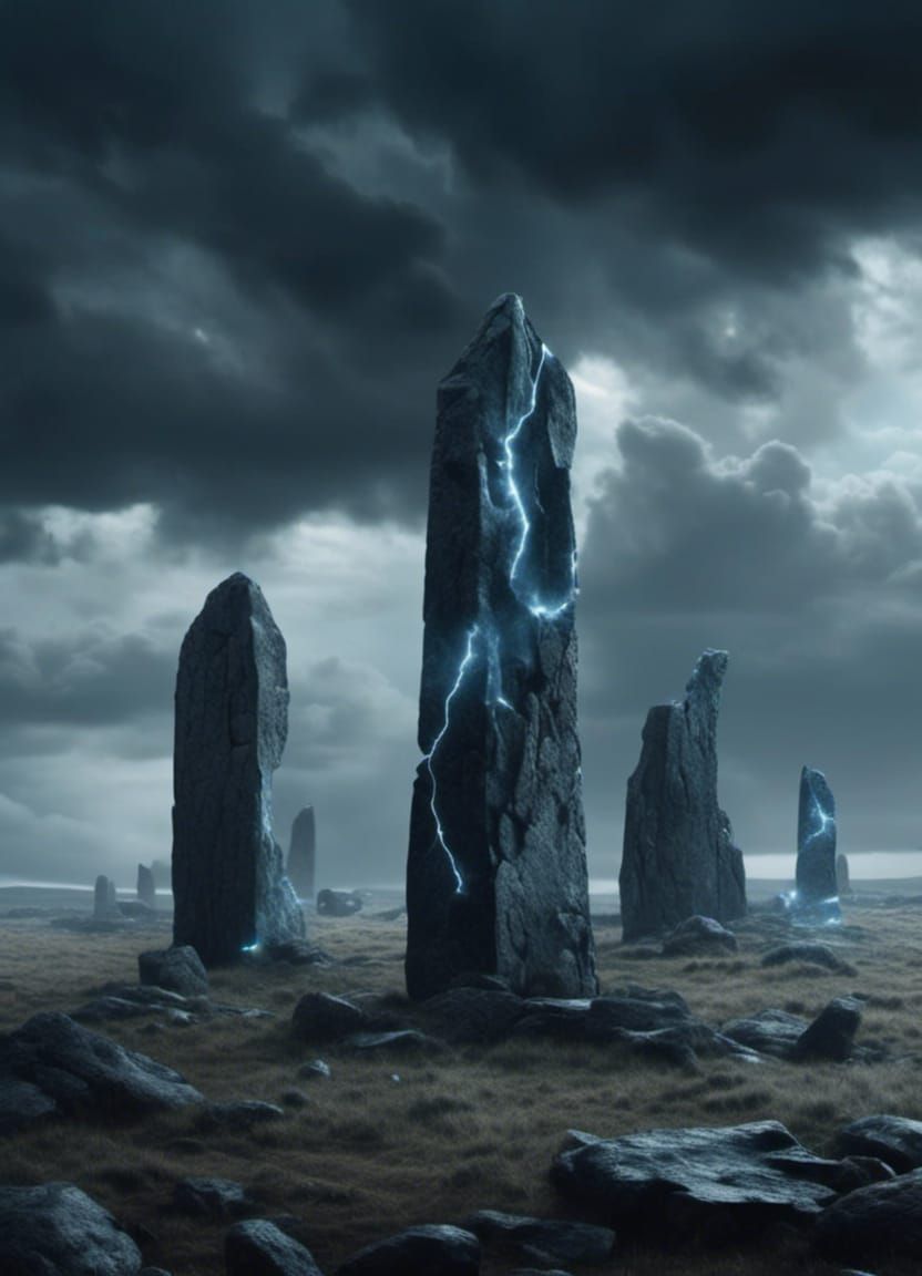 Ethereal Standing Stones Under Stormy Sky