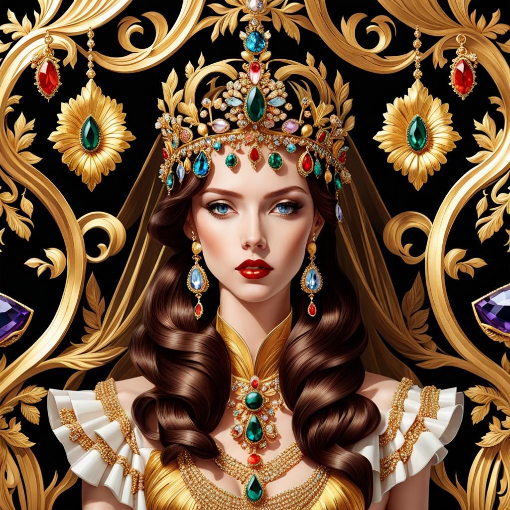 Baroque Jewelry with Gemstones and Trailing Dresses