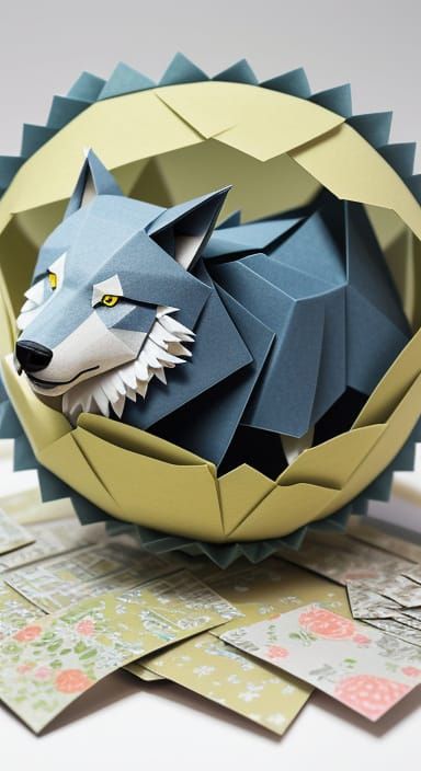 Funny Origami Wolf Chasing Sheep in Papercraft Style