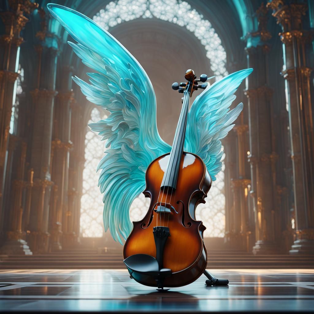 Enormous crystal Tiffany blue Glass, shiny violin with wings