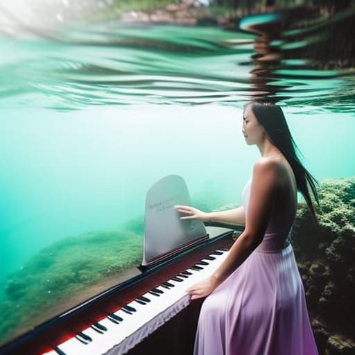 Woman Plays Piano Underwater in Autumn Forest