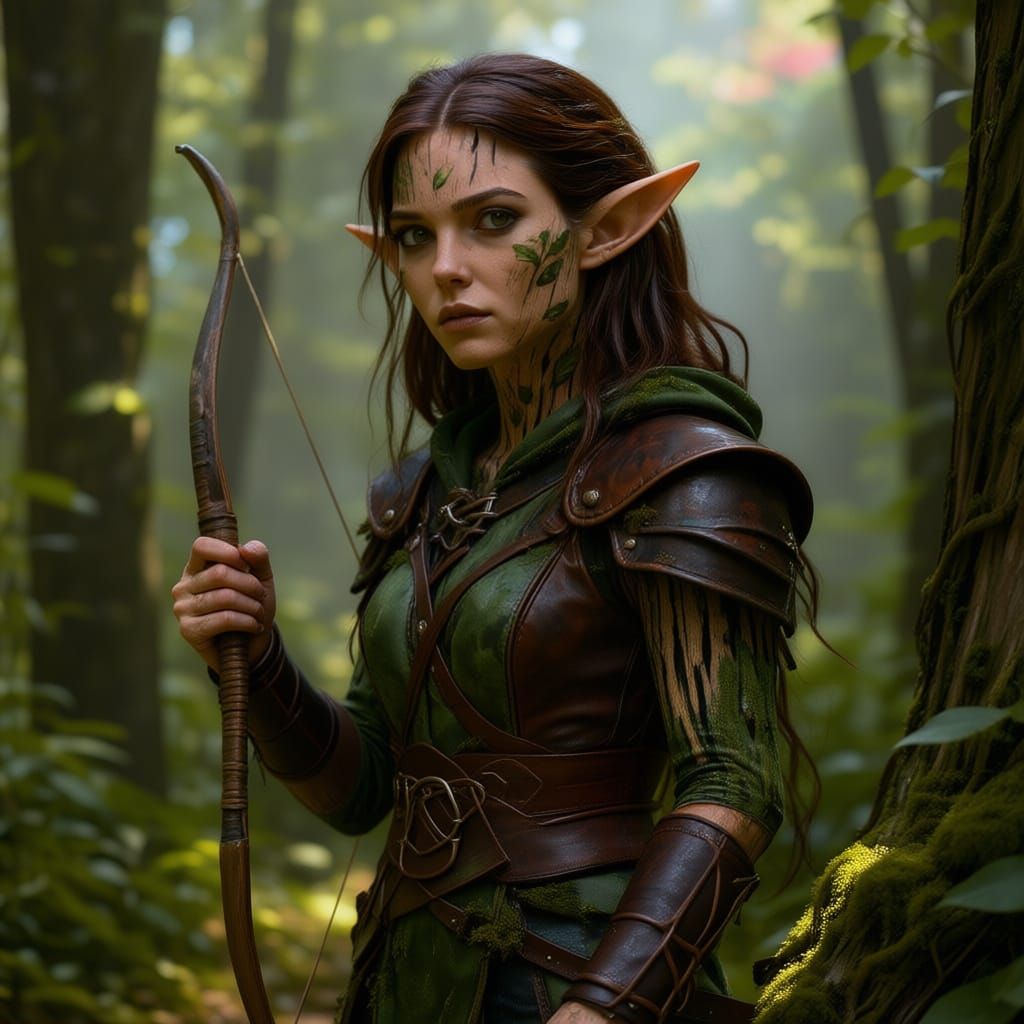 Female Wood Elf Hidden in Lush Forest