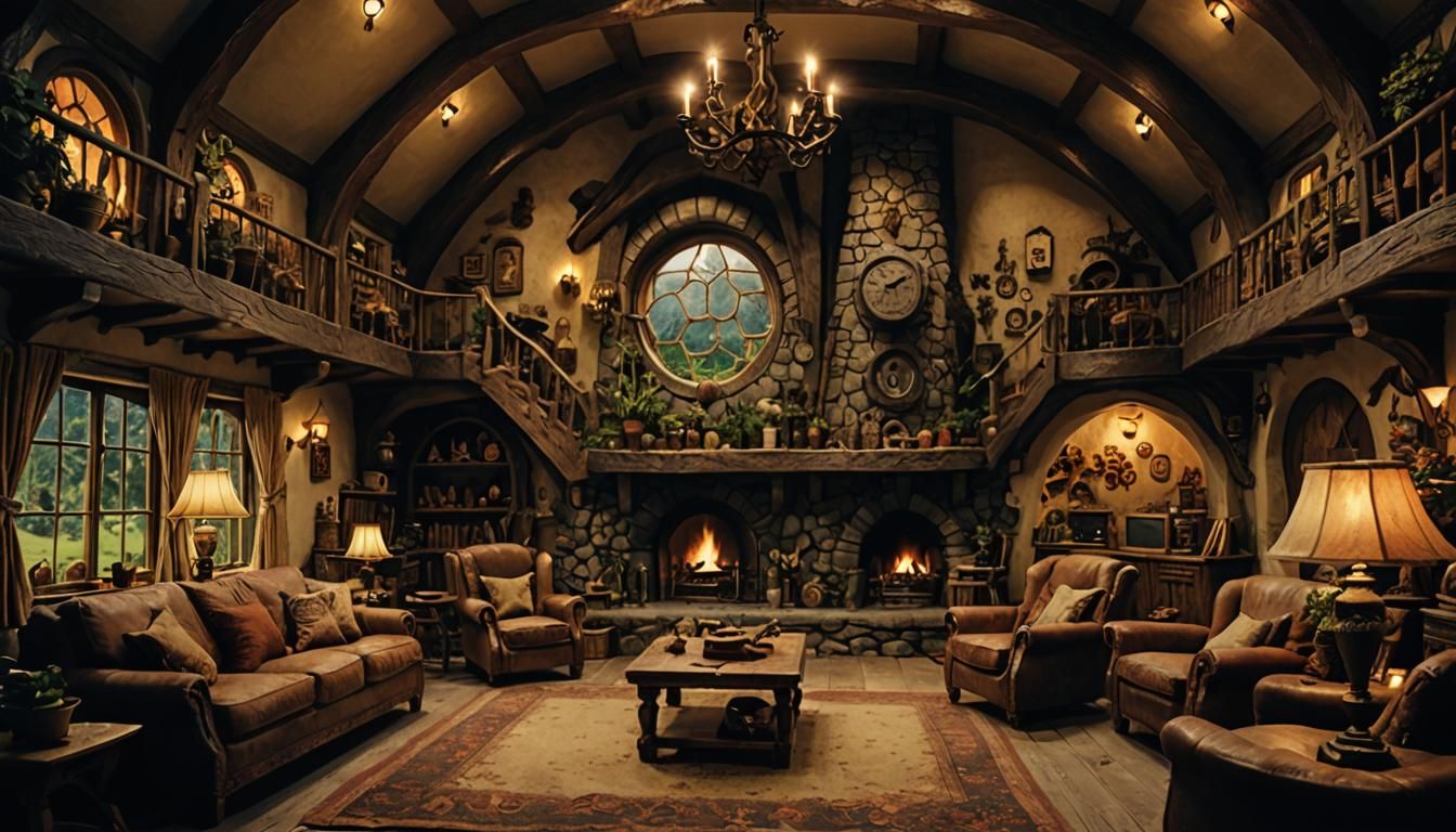 Cozy Hobbit House Living Room: Cinematic Film Still