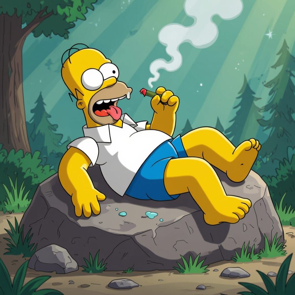 Homer Simpson Stoned on a Rock in Surreal Style