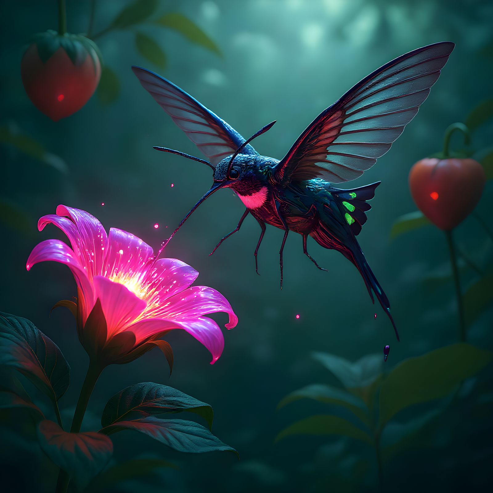 Biomechanical Hummingbird in Surreal Alien Garden