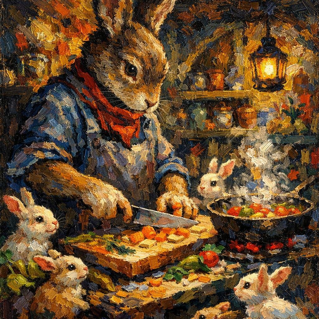 Father Rabbit Cooks Vegetables in Burrow Kitchen